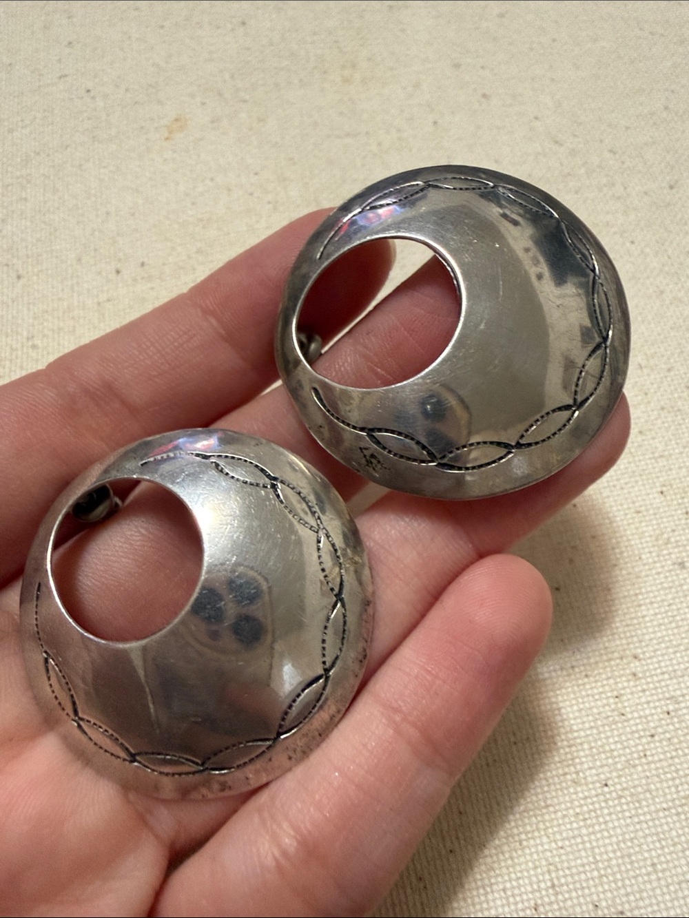 Sterling Silver 925 Native-Like Round Cutout Earrings Hoop Accent